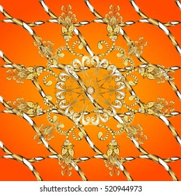 Vintage pattern on yellow and orange radial background with golden elements.
