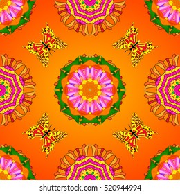 Vintage pattern on yellow and orange radial background with mandalas elements and butterflies.