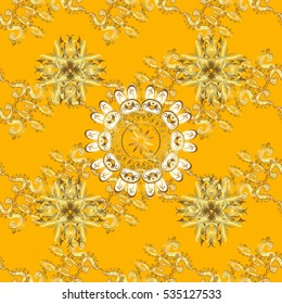 Vintage pattern on yellow and orange background with golden elements.