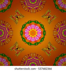 Vintage pattern on yellow and orange radial background with mandalas elements and butterflies. Radial gradient shadow.