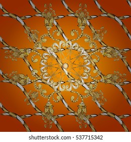 Vintage pattern on yellow and orange radial background with golden elements. Radial gradient shadow.