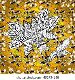 Vintage pattern on yellow radial gradient background with golden elements.
