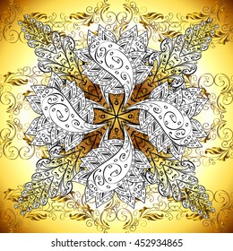 Vintage pattern on yellow radial gradient background with golden elements.