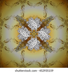 Vintage pattern on yellow radial gradient background with golden elements.