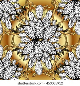 Vintage pattern on yellow radial gradient background with golden elements.
