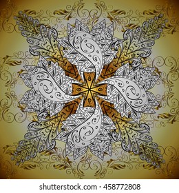 Vintage pattern on yellow radial gradient background with golden elements.