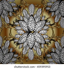 Vintage pattern on yellow radial gradient background with golden elements.