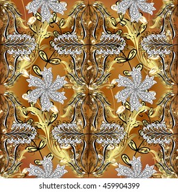 Vintage pattern on yellow radial gradient background with golden elements.