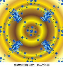 Vintage pattern on yellow radial gradient background with blue elements.