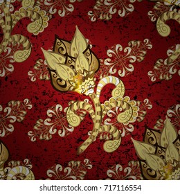 Vintage pattern on yellow, red and brown colors with golden elements. Christmas, snowflake, new year. Golden pattern on yellow, red and brown colors with golden elements.