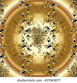Vintage pattern on yellow round gradient background with golden elements and shadows.