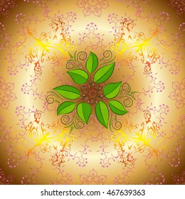 Vintage pattern on yellow round gradient background with green leaves elements and shadows.
