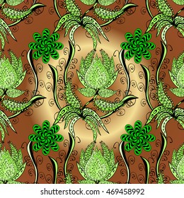 Vintage pattern on yellow round background with golden and green floral elements.