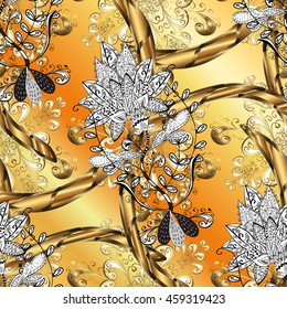 Vintage pattern on yellow stripe gradient background with golden elements.