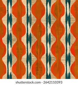 Vintage pattern with an orange, teal, and beige color scheme, grunge lines ikat pattern, ikat seamless pattern, Vector illustration background for print the paper.