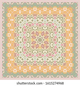 Vintage pattern in oriental style. Square ornament for scarves, scarves or pillows, for printing on fabric or paper. Carpet design.