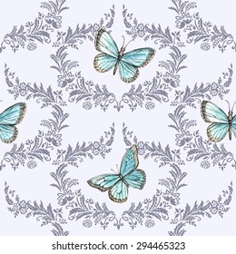 Vintage pattern with ornaments and butterflies watercolor. Hand painting. Watercolor. Seamless pattern for fabric, paper and other printing and web projects.
