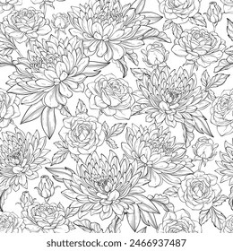 Vintage pattern with outline flowers, rose, chrysanthemum and leaves Vector illustration