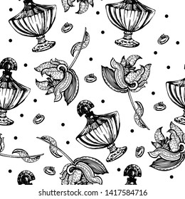 Vintage pattern with perfume bottles and flowers. Manual graphics. Endless ornament for a variety of decorative surfaces. Vector illustration. Vintage graphic flowers.