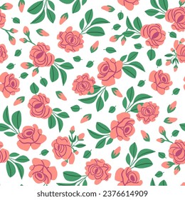 Patrón vintage con rosas rosadas y hojas sobre fondo blanco. Patrón de flores retro