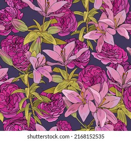 Vintage pattern with purple tea roses and pink lilies
