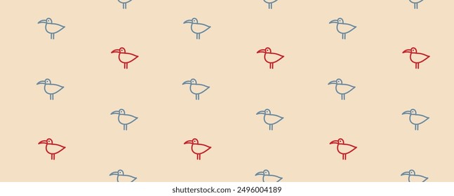 Vintage pattern with red and blue seagulls. Abstract marine summer wallpaper. Seamless background with seabirds. Print on fabric and textile.