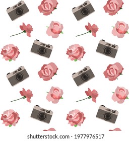 Vintage pattern retro photo camera in colors of roses, leaves on a white background. Hand drawn vector illustration.