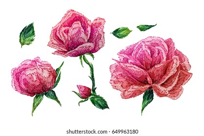 Vintage pattern: rose, leaves, flower, branch, isolated on background. Imitation of embroidery, watercolor. Hand drawn vector illustration, separated editable elements.