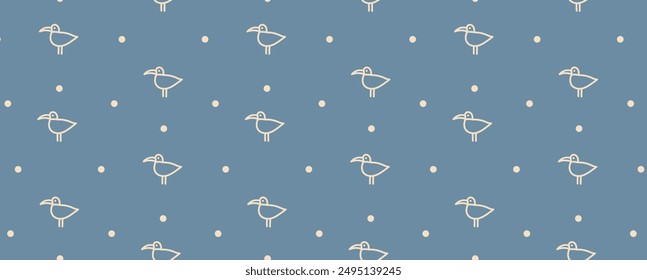 Vintage pattern with seagull and dots. Abstract marine summer wallpaper. Seamless background with dots and birds. Print on fabric and textile.