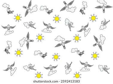 vintage pattern seamless birds line, outline bird with background isolated white, pattern line bird cyanocitta or blue jay.