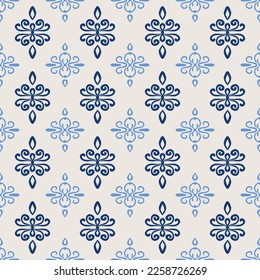 Vintage pattern. Seamless blue and white swirl background with abstract floral elements. Oriental tiles design. Azulejo vector ornament