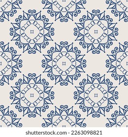Vintage pattern. Seamless blue and white swirl background with abstract floral elements. Oriental tiles design. Azulejo vector ornament