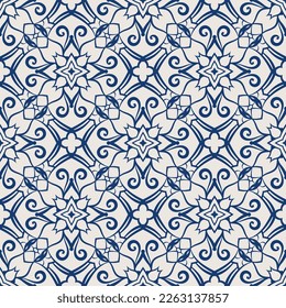 Vintage pattern. Seamless blue and white background with abstract floral design elements. Symmetric oriental tiles. Azulejo vector ornament