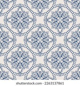 Vintage pattern. Seamless blue and white background with abstract floral design elements. Symmetric oriental tiles. Azulejo vector ornament