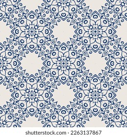 Vintage pattern. Seamless blue and white background with abstract floral design elements. Symmetric oriental tiles. Azulejo vector ornament