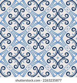 Vintage pattern. Seamless blue and white background with abstract floral design elements. Symmetric oriental tiles. Azulejo vector ornament
