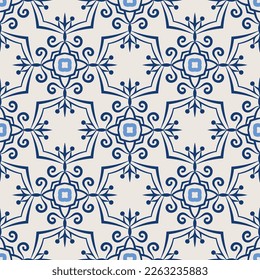 Patrón vintage. Fondo azul y blanco impecable con elementos abstractos de diseño floral. Baldosas orientales simétricas. Ornamento vectorial azulejo