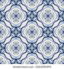 Vintage pattern. Seamless blue and white background with abstract floral design elements. Symmetric oriental tiles. Azulejo vector ornament