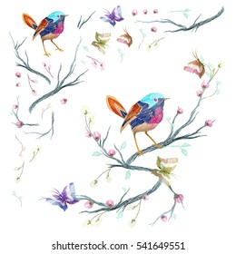 Vintage pattern in set: bird, butterfly and flower, leaf, branch, isolated on white background. Imitation embroidery. Hand drawn vector illustration, separated editable elements.
