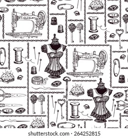 Vintage pattern with sewing accessories. Hand drawing. Seamless for fabric design, gift wrapping paper and printing and web projects. 