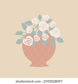 Vintage pattern in shabby chic style. Elegant floral motif, nostalgic roses and bows, vase, delicate pastel colors. Vector