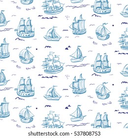  Vintage pattern with ships. Vector illustration.