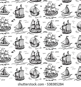  Vintage pattern with ships. Vector illustration.