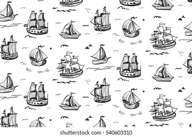  Vintage pattern with ships. Vector illustration.