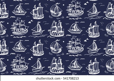  Vintage pattern with ships. Vector illustration.