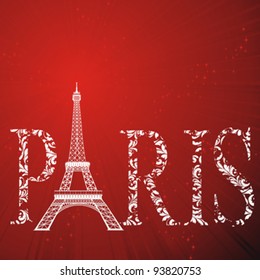 vintage pattern sign Paris with eiffel tower on abstract red strip background