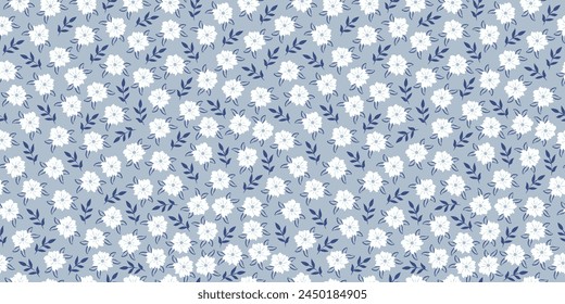 Vintage pattern with simple small white flowers on light blue background. Subtle floral ornament Liberty-style wallpapers. Elegant ditsy style. vector for printing on surfaces and web design.