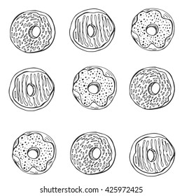 Vintage pattern with tasty donuts. Hand drawn vector illustration. Background with sweet dessert in doodle style.