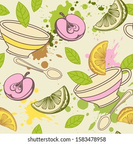 Vintage pattern with tea cup, green leaves and fruits. Hand drawn vector background