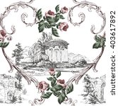 Vintage pattern in toile de jouy style with small flowers and baroque swirls on white
